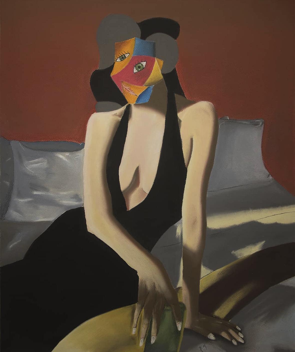 The Host – Woman on a Bed, Dry Pastels, 70 × 50 cm, 2019